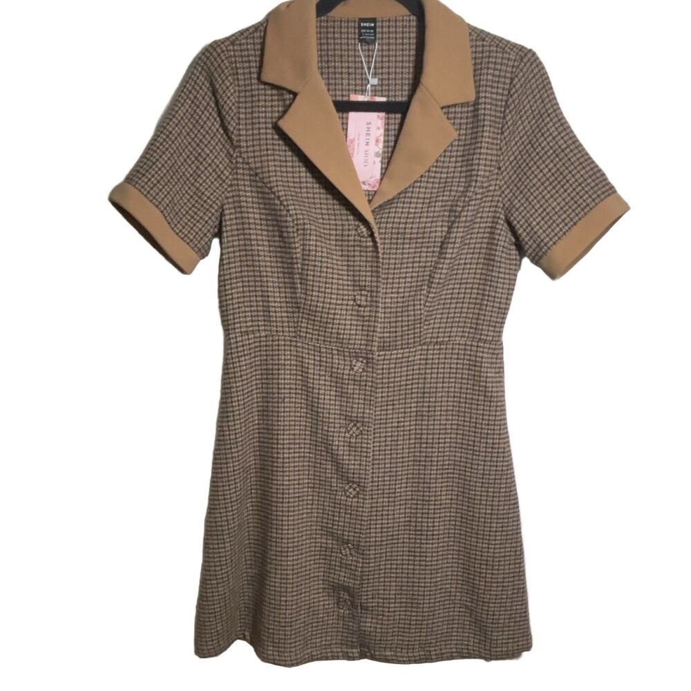SHEIN MOD Dress Women's L Brown Plaid Button Front Collared Polyester Wool